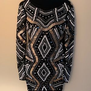 Intricately Beaded Long Sleeve Cocktail Dress